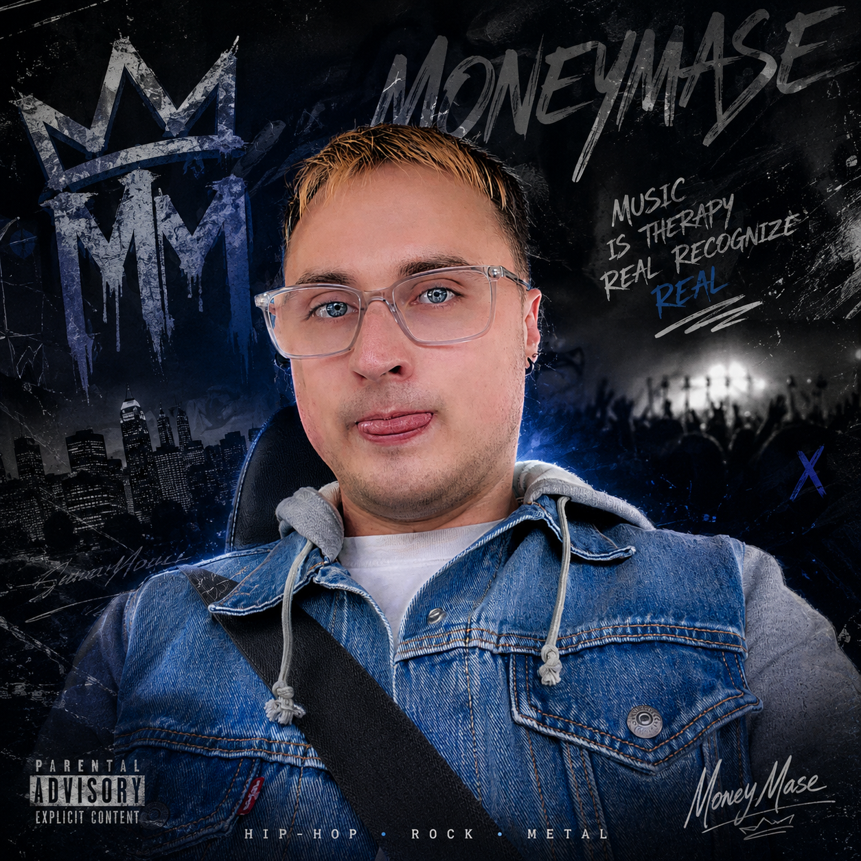 MoneyMase in a denim jacket against a dark concert-inspired collage